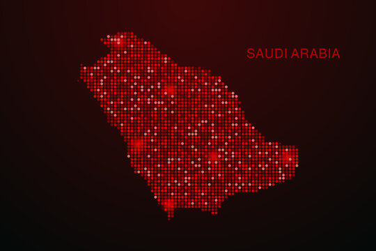 Saudi Arabia Map - Digital dotted map with glowing red points on dark background, modern technology style, abstract data network design, clean minimal vector illustration.