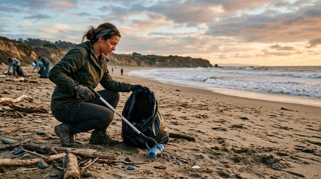Volunteer cleaning plastic pollution from a sandy beach during an ocean conservation environmental cleanup event