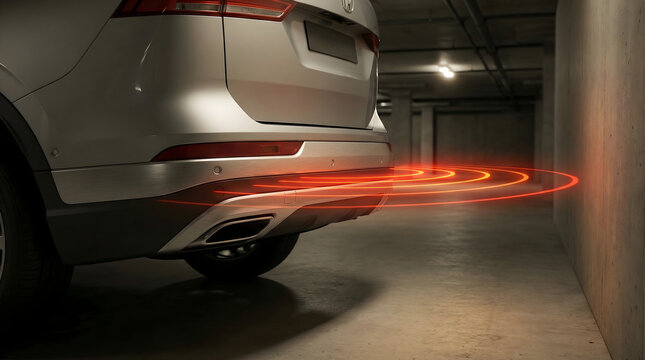 Close up SUV rear parking sensor detecting obstacle wall in underground garage