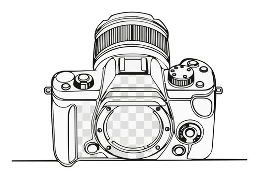 Minimalist continuous line art mirrorless camera icon. Generative AI