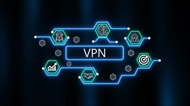  VNP analysis brain growth gear and financial chart icons on dark background digital concept. Futuristic neon blue abstract technology network. 4k animation 
