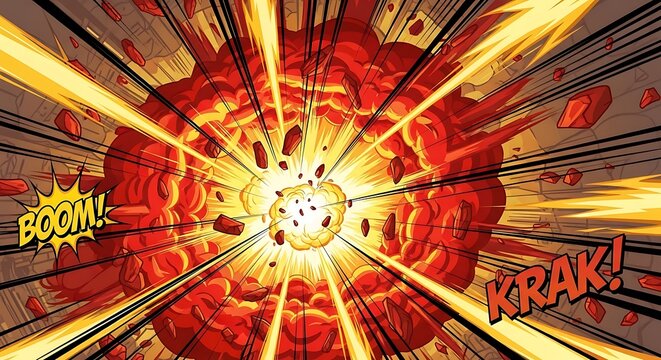 Comic book explosion with dynamic lines and sound effects illustration