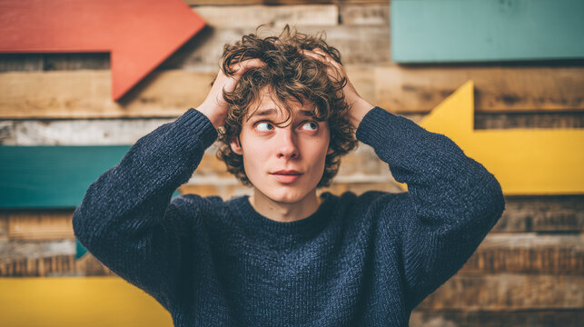 Confused man scratching his head with arrows pointing different directions, symbolizing decision making, uncertainty, and choosing the right path.