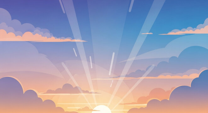 Sunrise with sun rays shining through fluffy clouds in a serene blue and orange sky