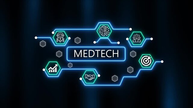  medtech analysis brain growth gear and financial chart icons on dark background digital concept. Futuristic neon blue abstract technology network. 4k animation 
