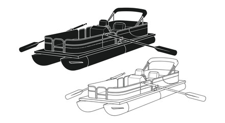 Pontoon Boat Silhouette and Outline Vector Illustration © hana