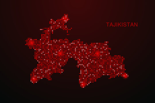 Tajikistan Map - Digital dotted map with glowing red points on dark background, modern technology style, abstract data network design, clean minimal vector illustration.