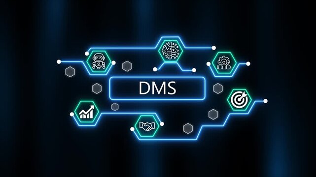  DMS analysis brain growth gear and financial chart icons on dark background digital concept. Futuristic neon blue abstract technology network. 4k animation 