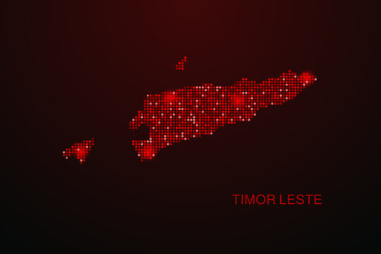 Timor Leste Map - Digital dotted map with glowing red points on dark background, modern technology style, abstract data network design, clean minimal vector illustration.