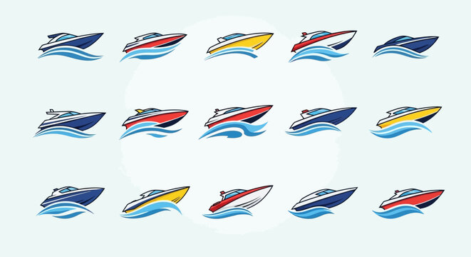 Collection of Speedboats on Waves, Modern Yacht Designs, Marine Vector Icons