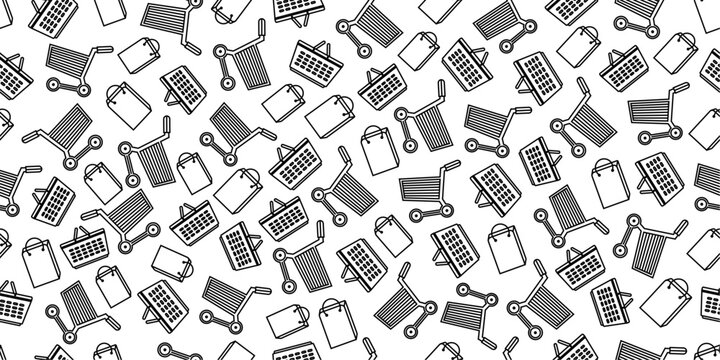 Seamless pattern with shopping bag, shopping cart and shopping basket. Shopping themed seamless pattern background in doodle style.