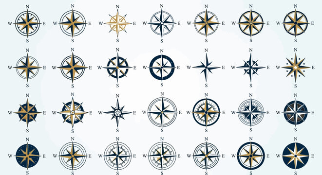 Collection of Vintage Compass Rose Designs for Navigation and Direction