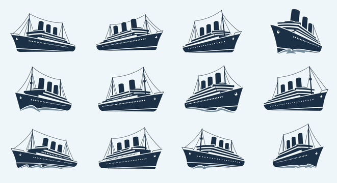 Collection of vintage cruise ship illustrations in different angles