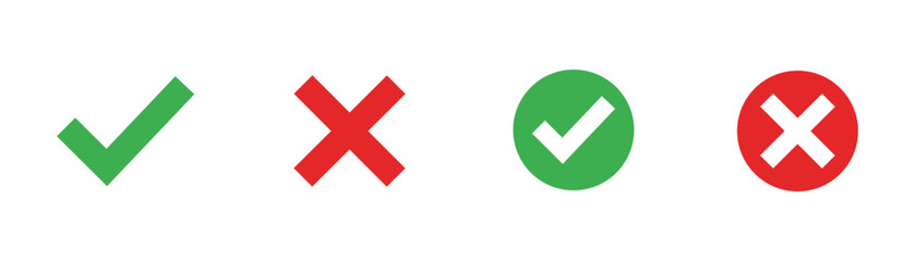 Check mark icon button set. check box icon with right and wrong buttons and yes or no checkmark icons in green tick box and red cross of vector design. © ArtStock