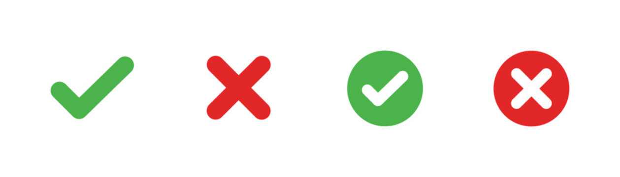 Check mark icon button set with green tick and red cross, checkbox yes no right wrong symbols vector illustration