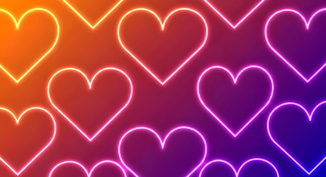 A modern digital background featuring glowing neon heart outlines on a vibrant orange, pink, and purple gradient. Perfect for Valentine's Day, romantic themes, and trendy social media visuals.
