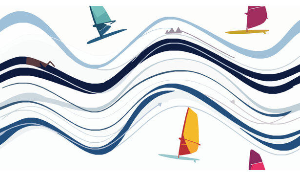 Abstract ocean ripple lines seamless pattern with windsurf elements modern flat vector illustration