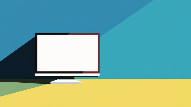 Modern computer monitor with blank screen on yellow desk.