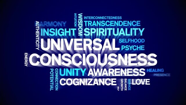 Universal Consciousness animated word cloud-text design animation tag kinetic typography seamless loop.