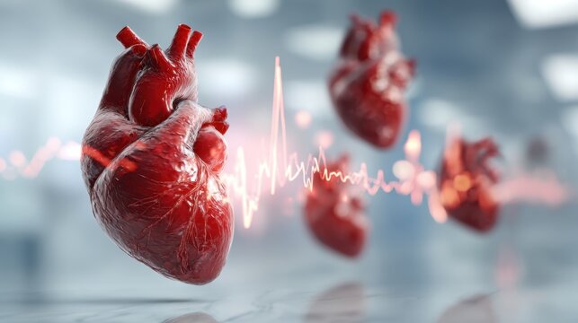 Closeup anatomical hearts aligned with electrocardiogram waveform in lab