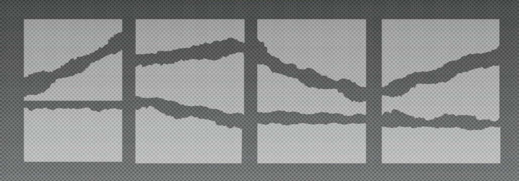 Realistic ripped white paper sheets isolated on a transparent background. Torn blank pages with uneven texture edges. Damaged letter, document mockup, newspaper cutout. 