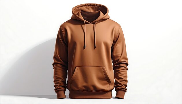 A brown hoodie with a drawstring hood and kangaroo pocket