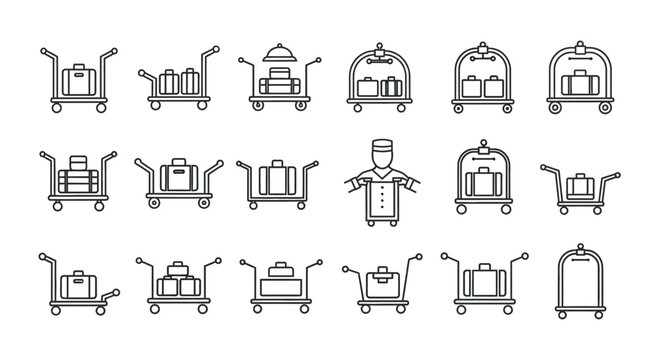 Hotel Bellhop Luggage Carts Collection - Vector Icons