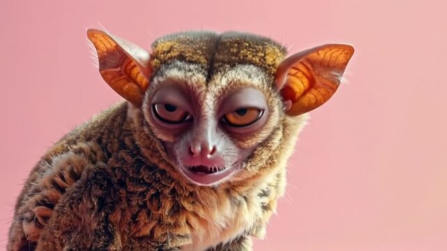 A captivating close-up of a tarsier primate with large expressive eyes, set against a soft pink background.