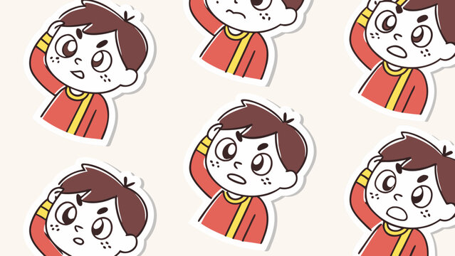 Cute Thinking Boy Cartoon Sticker Seamless Pattern Illustration