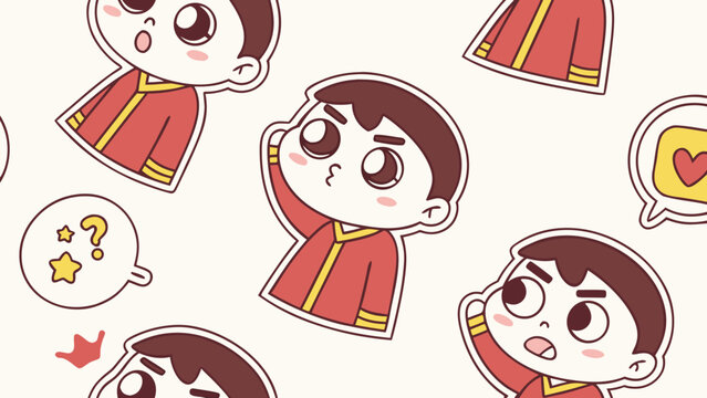 Cute Chibi Boy in Traditional Chinese Outfit Sticker Vector Pattern