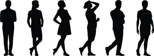People silhouette collection, standing human poses vector, diverse posture illustration, body language art, fashion style silhouette, identity design, human figure © MstGeasmin
