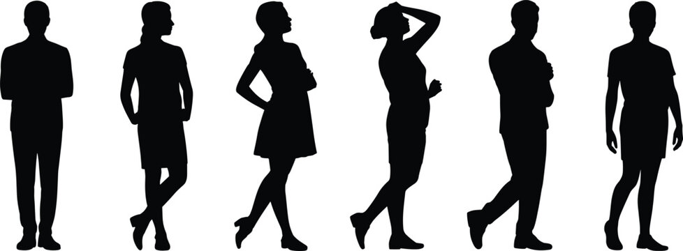 People silhouette collection, standing human poses vector, diverse posture illustration, body language art, fashion style silhouette, identity design, human figure