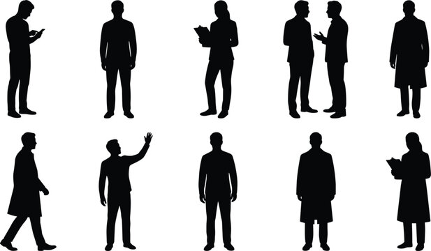 Professional people silhouettes, doctors scientists business professionals, standing walking reading talking gesturing poses, occupational roles, teamwork collaboration, workplace illustration design