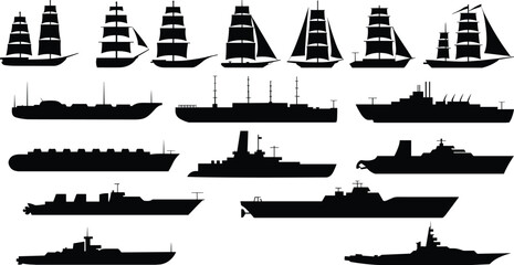 Ship silhouette collection, sailing vessel vector, cargo ship illustration, passenger liner silhouette, warship vector, submarine silhouette, maritime evolution, naval fleet art © MstGeasmin