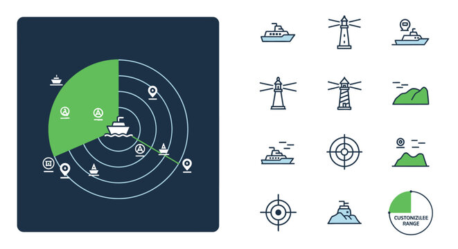 Marine Navigation Radar Screen with Icons and Ships, Lighthouses, and Islands