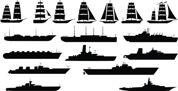 Ship silhouette collection, sailing vessel vector, cargo ship illustration, passenger liner silhouette, warship vector, submarine silhouette, maritime evolution, naval fleet art