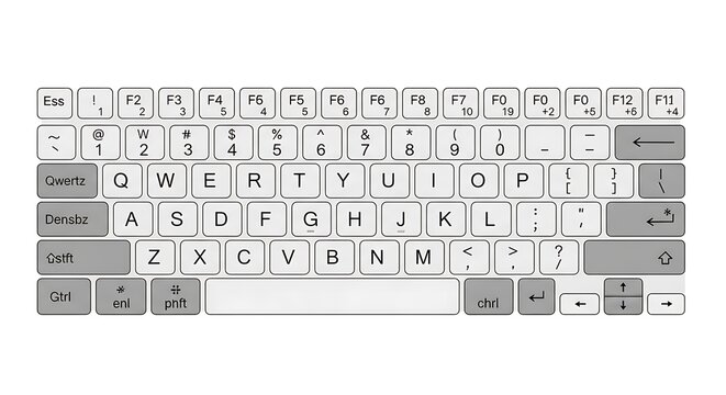 Computer keyboard layout with keys and letters displayed on a white background