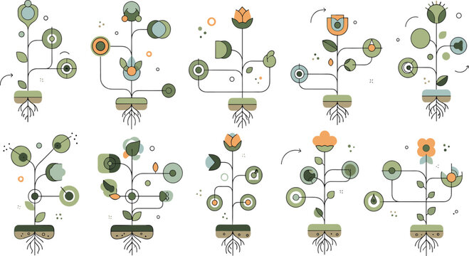 Plant Growth Process Vector Set with Stages of Development, Roots, Leaves, Flowers and Botanical Elements for Nature Education and Ecology Design.
