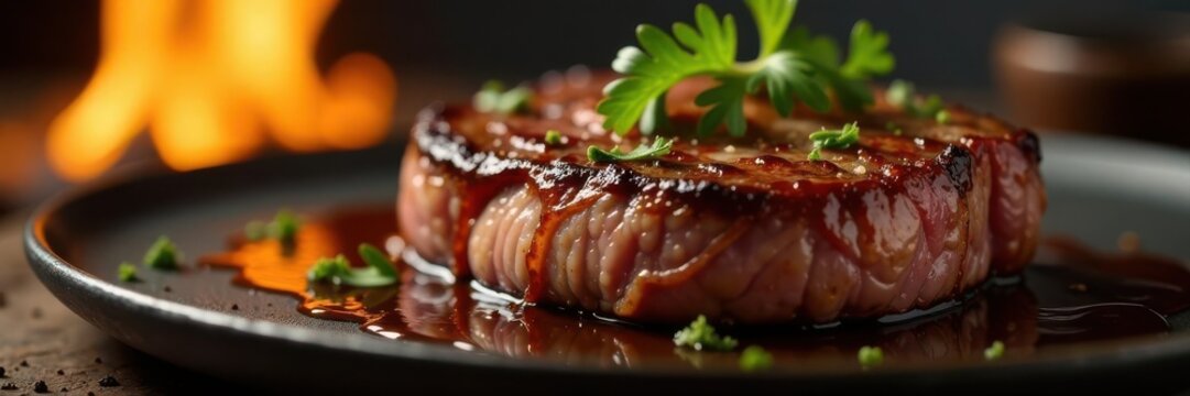 Perfectly seared rump steak, earthy mushrooms, vibrant flames, close up, rustic, dinner
