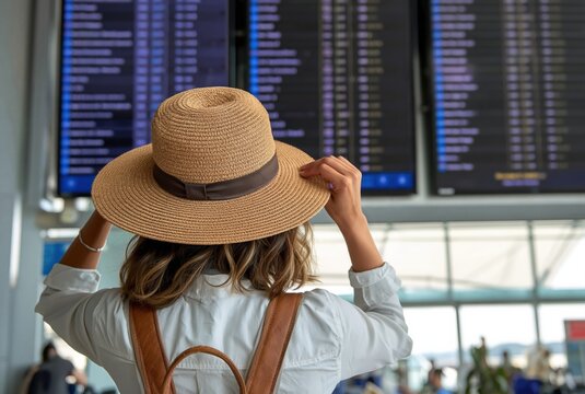 Female traveler wearing a straw hat and backpack checking departure information on an airport flight board. Travel and tourism concept