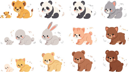 Fototapeta premium Cute Baby Animal Vector Set with Lion, Panda, Elephant, Rabbit, Cat and Bear Characters for Adorable Cartoon Illustration and Kids Design.
