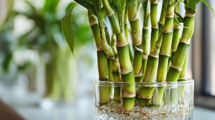 Fototapeta premium Lucky bamboo stalks arranged in glass vase on windowsill
