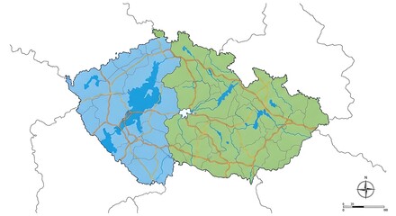 Fototapeta premium Czech republic map with colored regions and water features