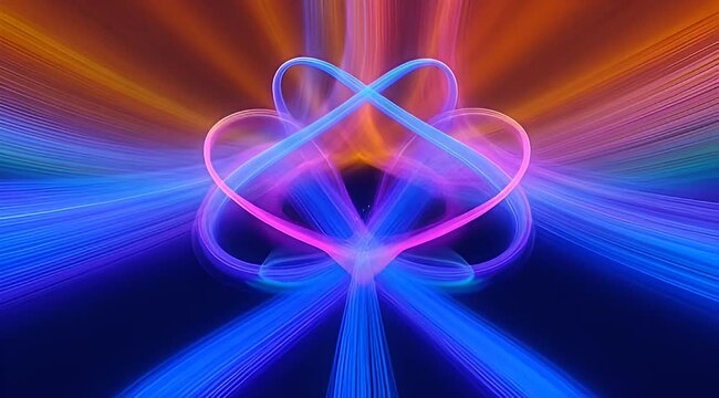 Abstract image of flowing, colorful light trails with a heart shape center