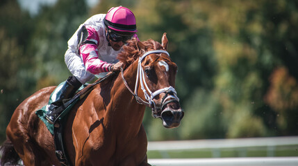 Fototapeta premium Jockey riding racehorse at high speed on track, capturing competition, sport, motion, and adrenaline in dynamic horse racing action.
