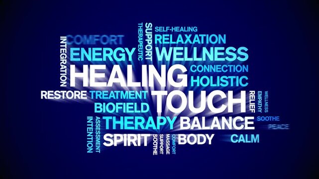 Healing Touch animated word cloud-text design animation tag kinetic typography seamless loop.