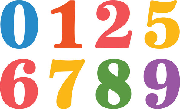 Colorful numbers zero to nine arranged on transparent background.