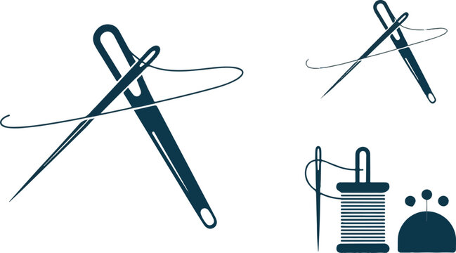 Sewing needle with thread and spool silhouette on transparent background.