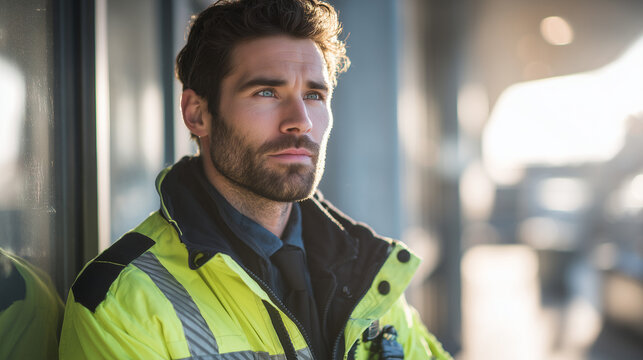 Serious security guard in high visibility jacket standing outdoors at construction site, representing safety, professionalism, focus, and industrial work environment.