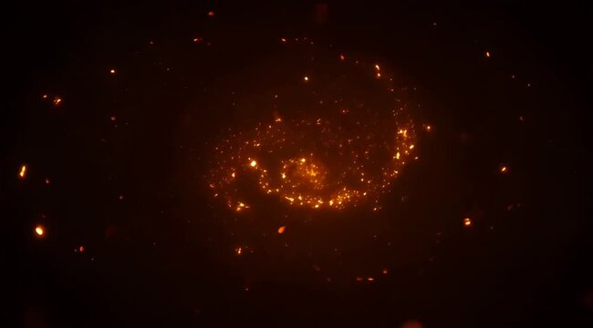 Swirling cosmic dance of glowing orange particles against a dark void backdrop